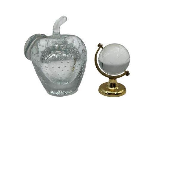 Bundle Hand Blown Clear Art Glass Apple Paperweight W/Bubbles&Etched Glass Globe - Picture 1 of 13